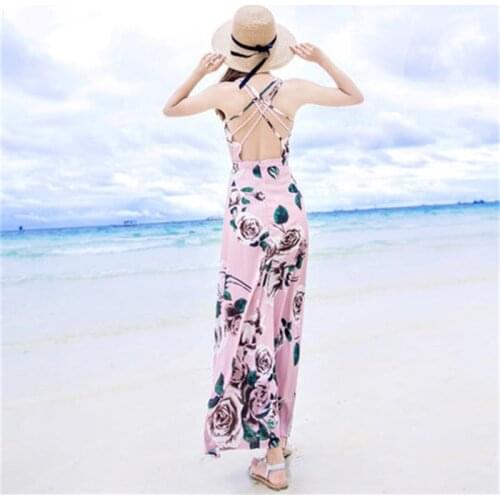 Dress female summer New Open back sling lotus chiffon dress bohemian dress seaside holiday beach women dress women