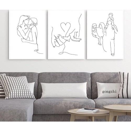 Family Portrait Dad Mom Baby Pinky Promise Abstract Line Poster Kiss Minimalist Canvas Painting Prints Wall Art Pictures Decor