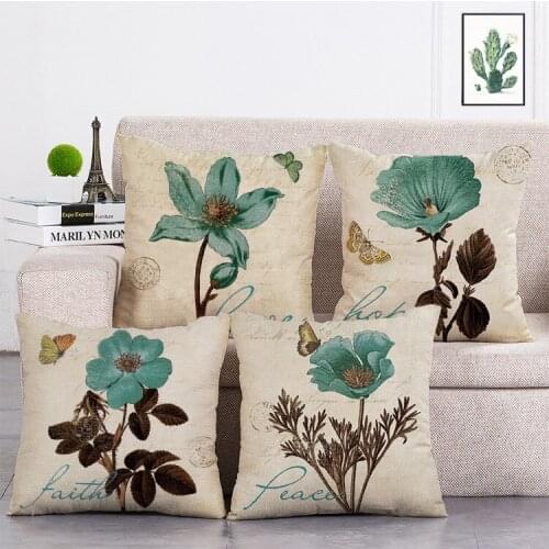 Blue single flower and butterfly Printed Cushion Cover Linen Throw Pillow Car Home Decoration Decorative Pillowcase T477