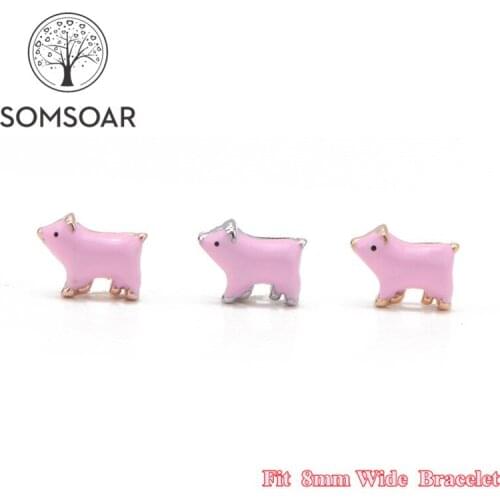 Somsoar Jewelry Pink Pig Slide Charms fit 8mm Wide Leather Wrap Bracelet Wristband for child Toddler/Women 10pcs/lot