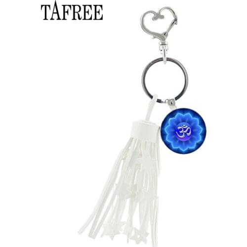 TAFREE Charm Mandala Art Photo Glass Cabochon Pendant Heart Shape Buckle Tassel Keychain Sacred Geometry Yoga Om Jewelry HT131