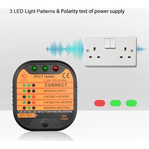ZPCT1806B Outlet Socket Tester Detector Circuit Polarity Voltage Plug Breaker EU Ground Zero Line Switch Safety Electroscope