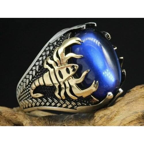 Turkish handmade 925 sterling silver jewelry blue zircon scorpion mens ring