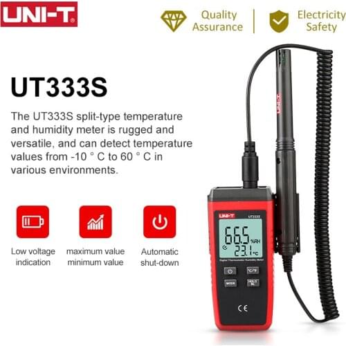 UNI-T UT333S Thermometer And Hygrometer Non-Contact LCD Tester, Overload Indicator Backlight 55cm Long Lead 17cm Probe