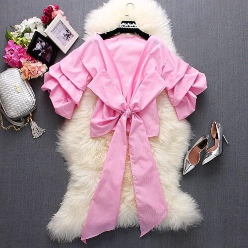 Alpha 2016 Summer Japnese Style Women Cute Bow Blouses Deep V-neck Multi-layers Lantern Sleeve Big Bow Binding Waist Sweet Shirt