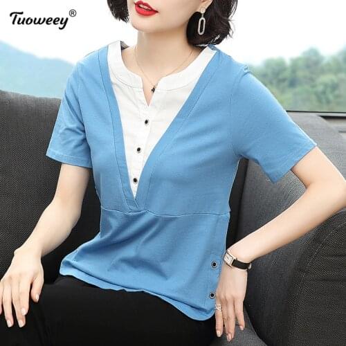 2021 Summer New Style Short-Sleeved Top Women Fashion patchwork Color Mesh V-neck Women Shirts Pullover cotton Women Blouse