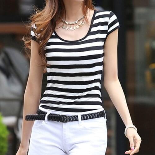 Girl Hot Sale Women Slim Striped T-Shirt Black White O-Neck Tops Tees Plus Size XXL All-match Shirts Ladies Female Gifts