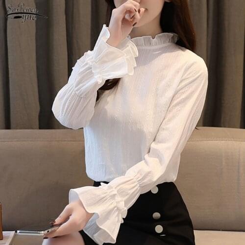 2021 Autumn Elegant Vintage Flare Sleeve Women Tops Beauty Blouse Solid White Loose Feminine Casual Shirt Fashion Blusas 1372 45
