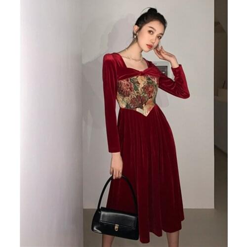 Vintage Oil Painting Jacquard Stitching Velvet Long Sleeve Dress Autumn Korean Fashion Ladies A Line Dress