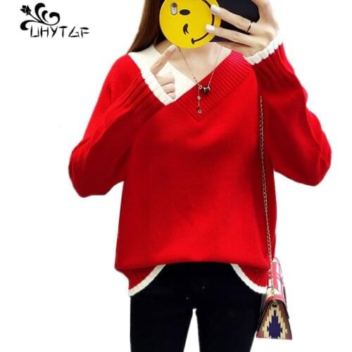 UHYTGF Winter Knitted Women Plus size Sweaters And V-Neck Long Sleeve Pullover Sweet Sueter Mujer Tops Casual Korean Jumper X615