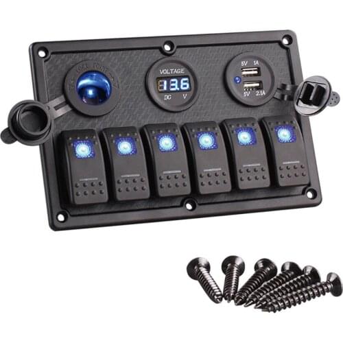 6 Gang LED Panel Dual Cigarette Lighter Socket Voltmeter Auto Car Switch Panel LED Boat Switch Panel USB Marine