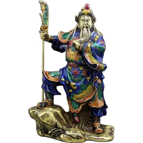 Antique Bronze China Statue Of Guan Gong Ornaments Copper Enamel Color Process Brass Ornaments Lucky