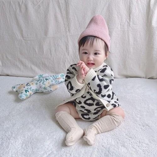 Fashion Newborn Baby Boy Girl Leopard Clothes Long Sleeve Single Breasted Sweater Tops Knitted Bodysuit 2PCS Autumn Clothes