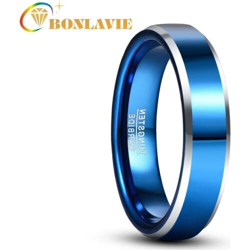 BONLAVIE Fashion Electroplating Blue Tungsten Rings Silver Color Chamfered Men Engagement Rings Bijoux De Luxe
