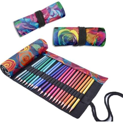 Colorful Printed Roll Pencil Case For Unisex12/24/36/48/72 Holes Harajuku Creative Girls Boys Pen Bag Drawing Storage Canvas Bag
