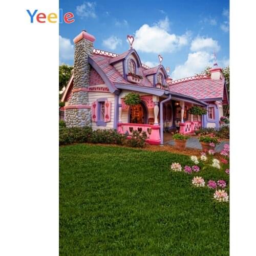 Spring Lawn Flowers Pink House Castle Yard Baby Child Portrait Photo Backdrops Custome Photography Backgrounds For Photo Studio