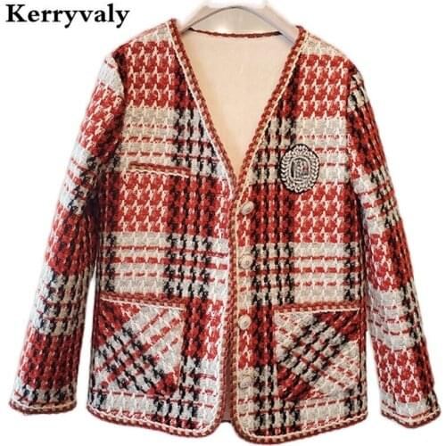 French Ladies Small Fragrance Suit Red Plaid Jacket Women High Quality Long Sleeve Female Star Winter Coat Ropa Para Mujer K2021