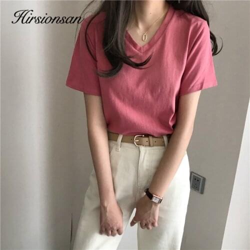 Hirsionsan V Neck Women T Shirt 100% Cotton Short Sleeve Soft Tshirts Elegant Basic Tops Jumper Female Summer Cusual Tees
