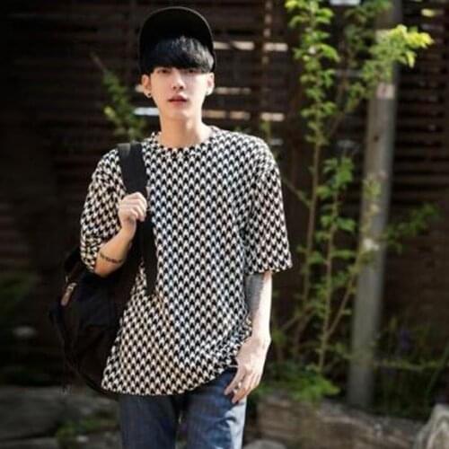 New fashion houndstooth five-point sleeve round neck T-shirt personality Han Fan Chao men TEE large size mens mens