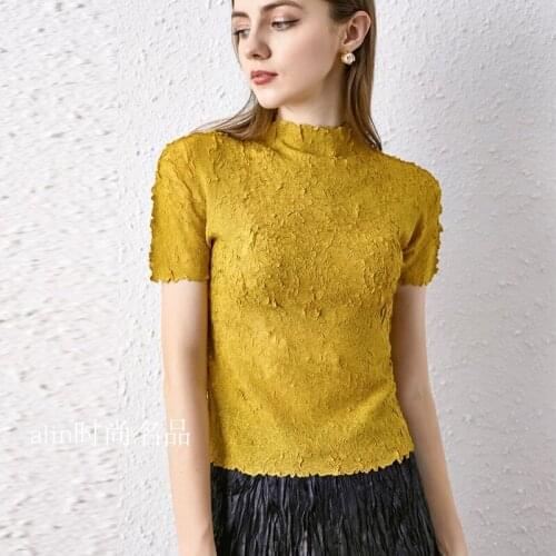 Miyake pleated short T-shirt summer 21 new casual fashion bottoming tees slim basic solid short-sleeved folda top women clothing