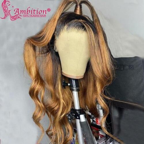 Ambition Remy Ombre Human Hair Glueless Lace Front Wigs 13x6 Lace Front Wig 180% Density Dark Root Wave Lace Wigs Bleached Knots