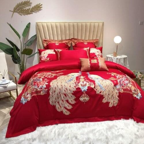 100S Wedding Red Bedding Set Peacock blessing bed linen embroidery Bed Set Long-staple cotton Duvet Cover Queen King size Sheet