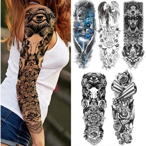 Cool Deer Rose Eyes Temporary Tattoos Sleeve For Women Adult Fake Wings Nun Lion Gun Tattoo Sticker Disposable Full Arm Tatoos
