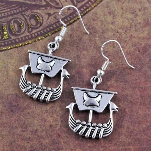 Trendy Vintage Viking Ships Shape Dangle Antique Silver Plated Cute Drop Earrings for Women Girl Retro Punk Jewelry