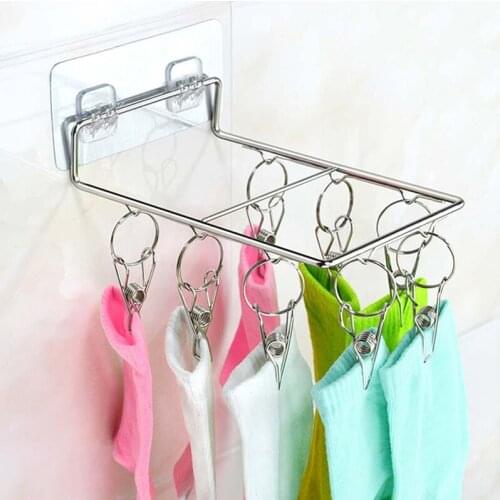 Punch-free Wall-mounted Bold Stainless Steel Sock Rack Hanger Storage Towel Socks Clip Drying Round Square