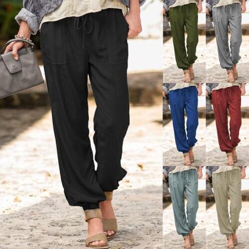 Womens latest casual and comfortable cotton and linen series pure color trousers with pockets and laces
