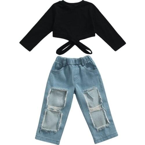 2-7Y Girls Autumn Clothing Sets Children Kids Girls Black Hollow Crop Tops+Ripped Hole Long Pants Jeans Casual Outfits