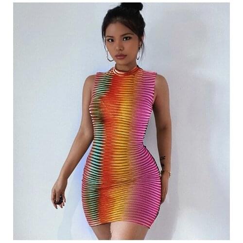 Summer Sleeveless See-through Tight Striped Sexy Bag Hip Women Mini Dress Beach Short Skirt Streetwear Party Club -40