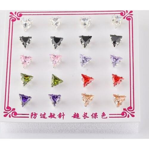 10pairs/set Candy Cubic Zirconia Triangle CZ Stud Earrings Set For Women Silver Color Crystal Rhinestone Earrings Brinco Jewelry