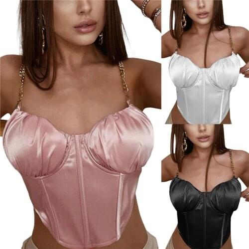 Female Vest Solid Color V-Neck Sleeveless Crop Tops with Chain Strap for Summer, White/Black/Light Pink S/M/L