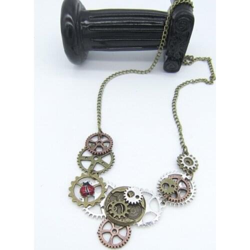 Smart Ladybug with Multiple Gears Steampunk Vintage Necklace DIY Jewelry