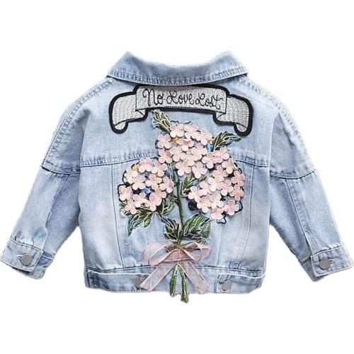 Spring Autumn Kids Denim Jackets for Girls Baby New Flower Embroidery Coats Fashion Children Outwear Ripped Jeans Jackets