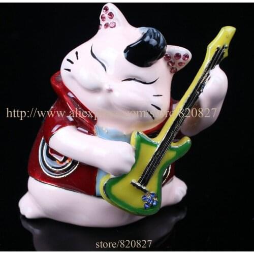 Vintage Cat Trinket Box Beautiful Jeweled Pewter Cat Playing Guitar Jewelry Box