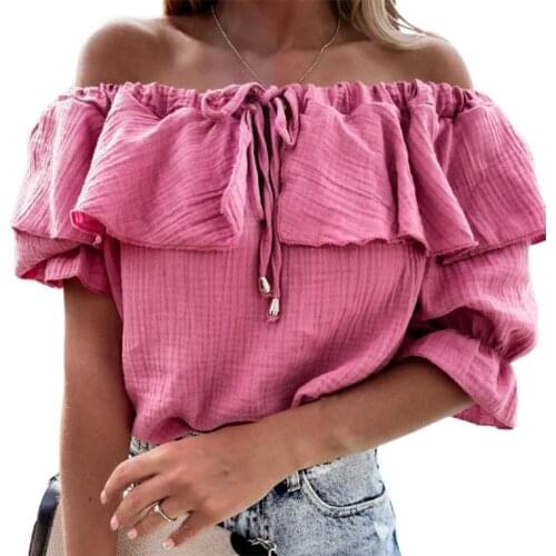 80% 2021 New Blouse Shirt Simple Design Chic Solid Color Spring Summer Ruffle Off Shoulder Women Tops for Shopping