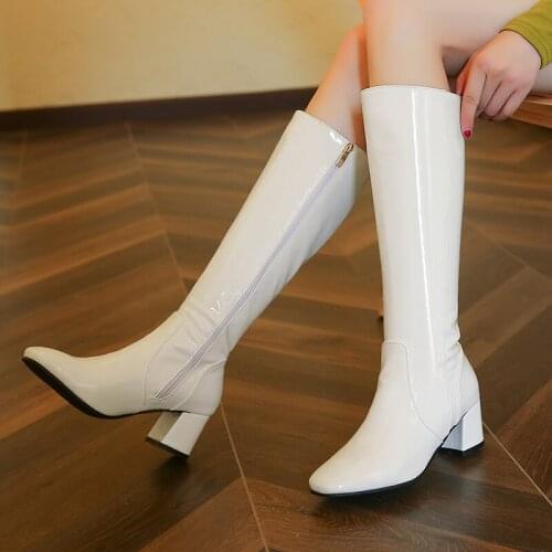 2021 Autumn Winter Knee High Boots Women Thick Heel Patent Leather Mid-calf Boots Mid Heel Fashion Square Toe Dance Boots 34-45