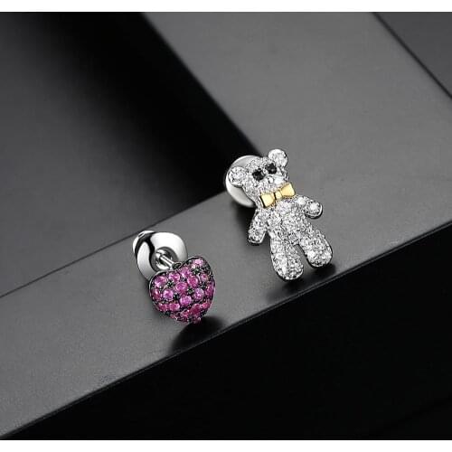 Tiny Trendy Cubic Zirconia Crystal Bear With Heart Earrings Fashion Small Animal Red Love Earrings pendientes oso 2020