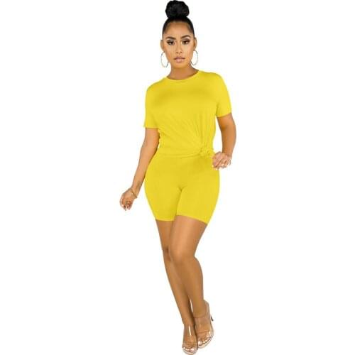 Fluorescence Color Womens Sport Suit Round Neck Short Sleeve T-shirts and Workout Biker Short Loungewear Two Piece Club Outfit