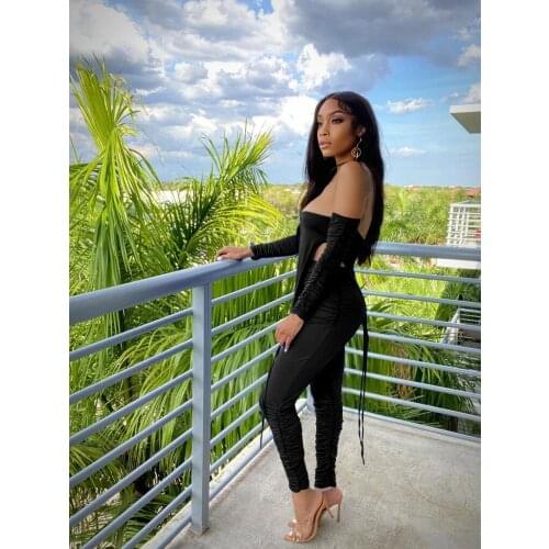 Casaul Women Tracksuit Two Piece Set Pleated Solid Color Off Shoulder Top Shirt And Long Pants Streetwear Clothes For Women