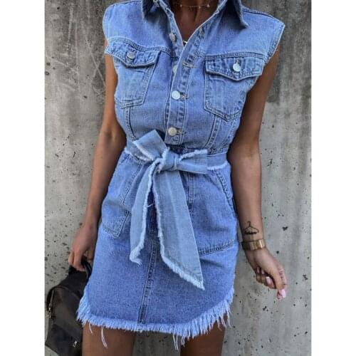 Summer Clothes For Women Retro College Style Sleeveless Tassel Belt Irregular Hem Denim Dress One Piece Dress джинсовое платье