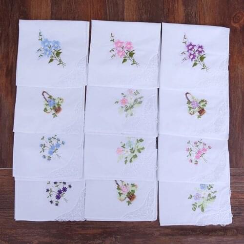 6 Pcs Vintage Cotton Ladies Embroidered Lace Handkerchief Women Floral Hanky N58F