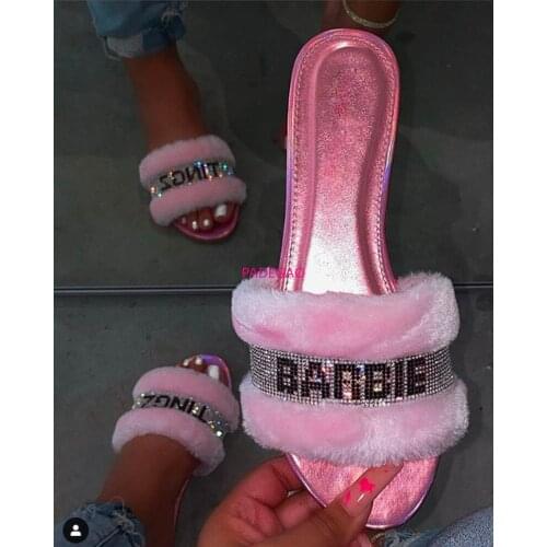 Free Post 2019 New Fashion Trend Hair Sandals Women Flannel Rhinestone Digital Color Flat Shoes Ladies Outdoor Women Slippers