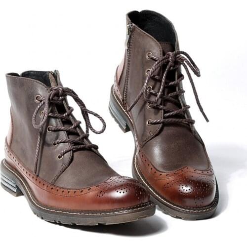 British Brogue High Top Mens Genuine Leather Ankle Boots Fashion Lace Up Round Toe Calzado Hombre High Quality Safety Shoes