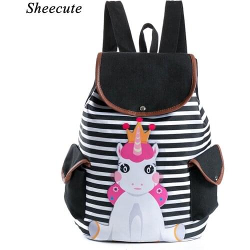 Canvas Backpack Cute Cartoon Unicorn Print Girls School Bags Stripe Print Student Backpack Children School Bags Lightweight