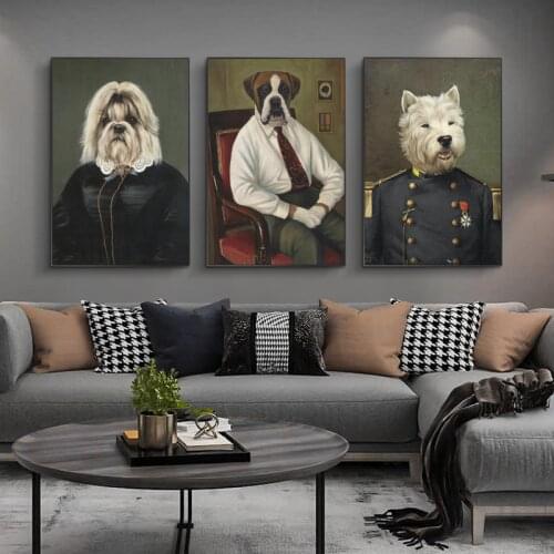 Retro Wall Art Dog in Military Uniform Oil Paintings on Canvas Wall Posters And Prints Dogs Pictures for Home Wall Decoration