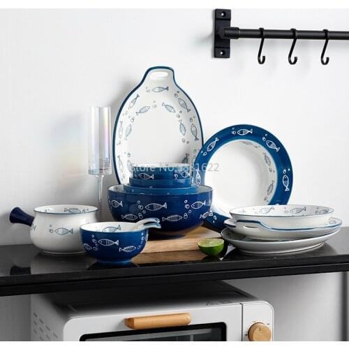 Japanese Style Handmade Ceramic Plate Dish Rice Bowl Fish Steak Dish Dessert Porcelain Plate Breakfast Dinner Tableware Set