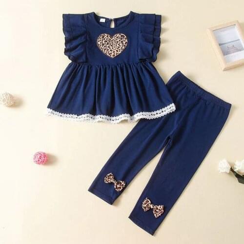 Ins Girls Leopard Ruffles Tops and Pants Set for Toddler Soft Cotton Boutique Outfit Designer Clothes navy